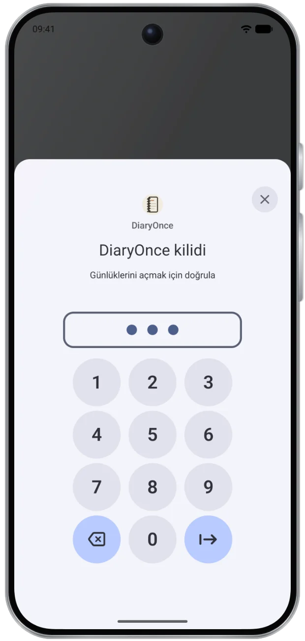 The phone's own PIN screen: DiaryOnce unlocks with the phone's PIN
