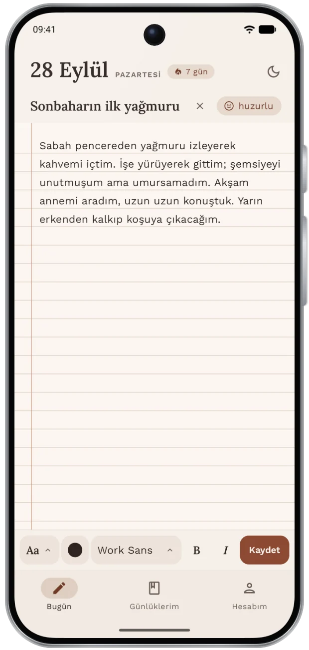 Writing screen in the Sand & Clay theme: today's entry on lined paper