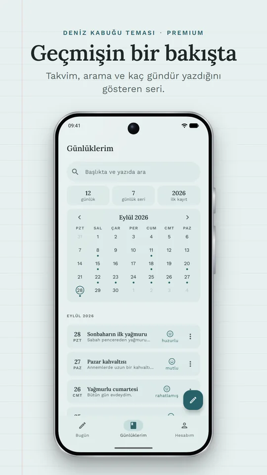 Your past at a glance: calendar and entries in the Seashell theme